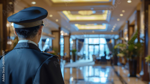 Uniformed hotel doorman awaiting guests in a luxury lobby, evoking concepts of hospitality, service industry, and travel accommodations