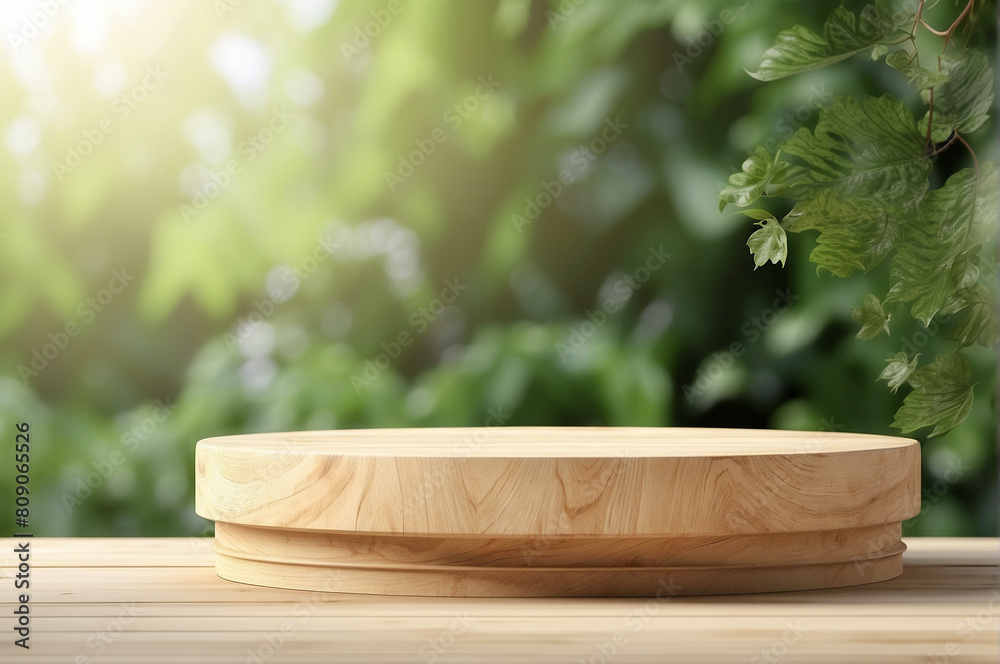 Wooden product display podium with blurred nature leaves background. 3D rendering. AI generated
Wooden product display podium with blurred nature leaves background. 3D rendering. AI generated