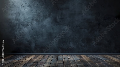 Modern dark gray wall and wooden floor background with copy space. Night background of a modern gray wall.
