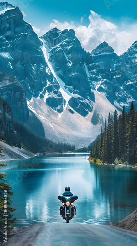 Thrilling Motorbike Journey Through Canadian Rockies: Photo Realistic Man on Motorcycle Amid Towering Peaks and Alpine Lakes