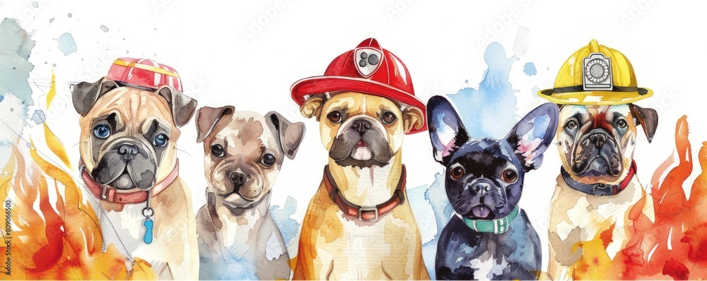 A group of dogs wearing fireman's hats are standing in front of a fire