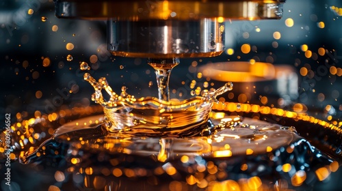 Lubricated Precision, A close-up view of a metal bearing, with oil splashing dynamically around it, highlighting the essential role of lubrication in machinery maintenance photo