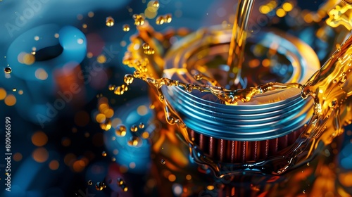 Mechanical Purity, A vivid portrait of an automotive oil filter with oil splashes illustrating the process of purification essential for maintaining engine performance photo