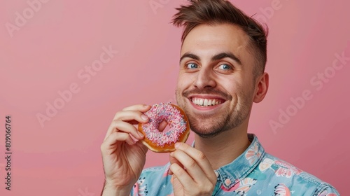 Snack Time Fun, Close-up of a man with a cheerful expression, holding a brightly iced donut, set against a uniformly vivid background that accentuates the festive vibe of the snack photo