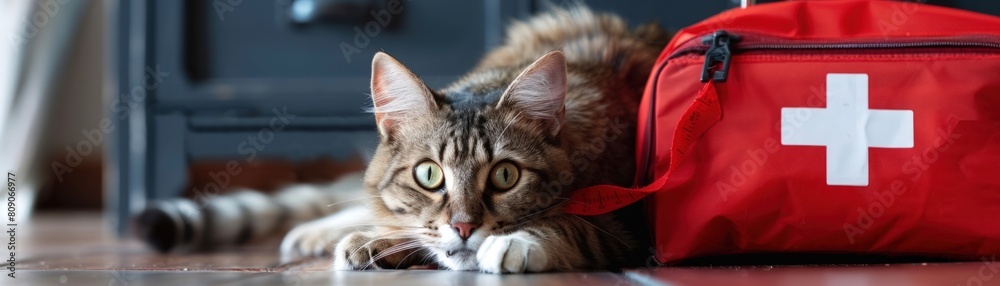 Naklejka premium A cat is laying on the floor next to a red bag that says 