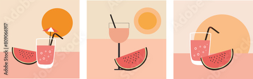  Abstract cocktail glasses with watermelon. Set of summer boho template
