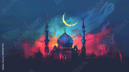 watercolor painting Eid al adha islamic Background.Eid al adha, eid al fitr concept illustration background,Generative Ai