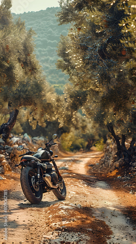 Scenic Motorbike Resting in Greek Olive Groves Representing Traditional Villages and Ancient Ruins - Photo Realistic Concept