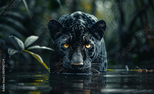 A black panther with golden eyes standing in the water, jungle background, water reflection, cinematic lighting, photo realistic