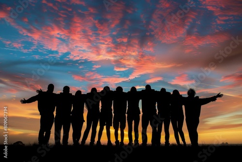 A group of friends standing in front, arms around each other's backs at sunset The silhouette against the sky shows their unity and support for one another Generative AI photo