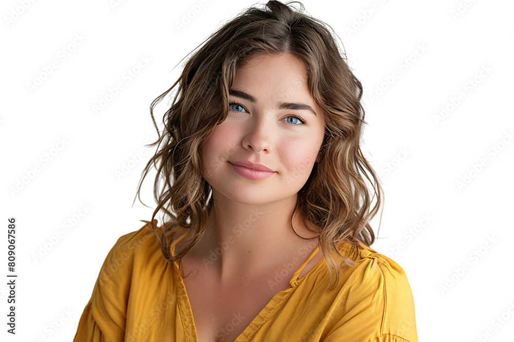 Confident woman in yellow top on isolated transparent background Confident woman in yellow top on isolated transparent background