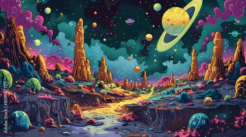 A colorful space scene with a large planet in the background