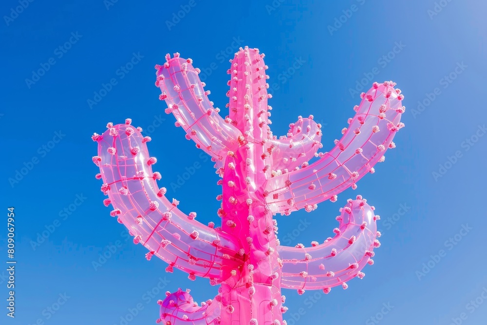 transparent pink plastic cactus balloon like on blue sky background with copy space transparent pink plastic cactus balloon like on blue sky background with copy space
