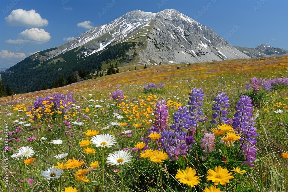 Fototapeta premium Field of blooming wildflowers with a towering mountain backdrop