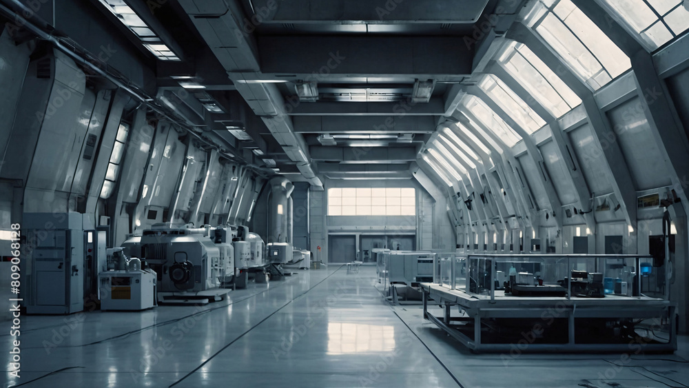 A secretive, vast underground research lab spans the size of a hangar, with expansive white and concrete interiors. Chrome accents provide a futuristic touch, a hyper-realistic sci-fi environment.