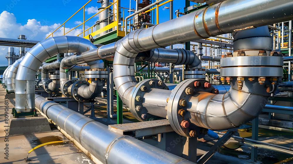 Metallic pipeline in the gas plant factory. Oil refinery, petroleum industry concept. Metallic pipeline in the gas plant factory. Oil refinery, petroleum industry concept.