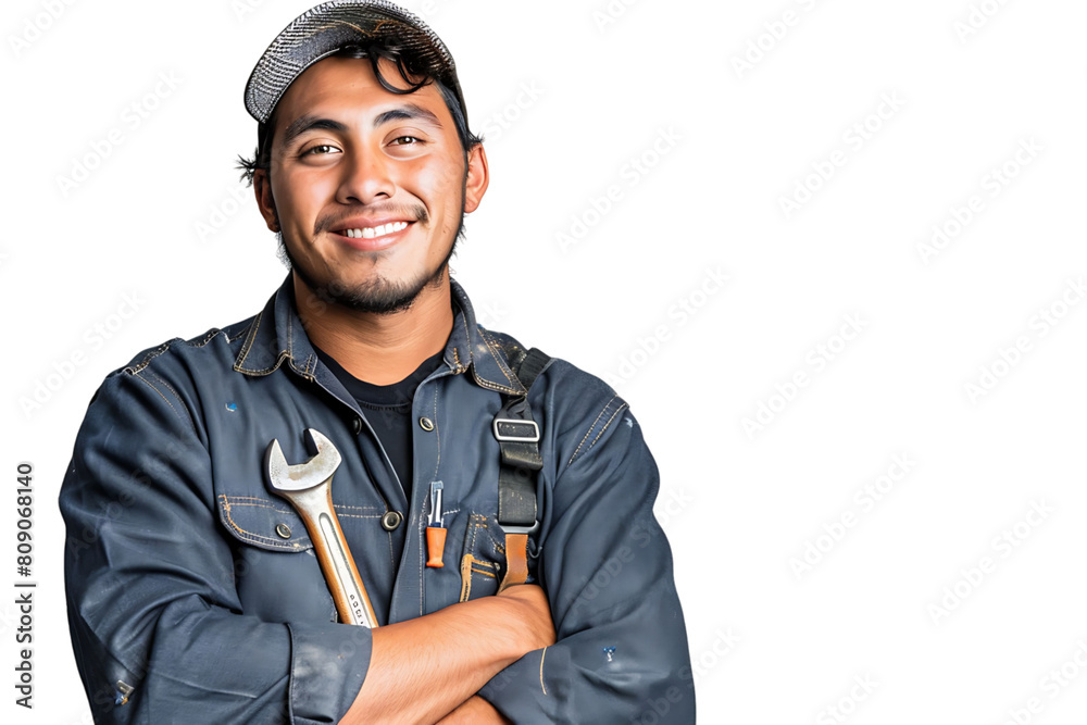 Portrait of a young mechanic holding a wrench on isolated transparent background Portrait of a young mechanic holding a wrench on isolated transparent background