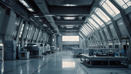 A secretive  vast underground research lab spans the size of a hangar  with expansive white and concrete interiors. Chrome accents provide a futuristic touch  a hyper-realistic sci-fi environment.
