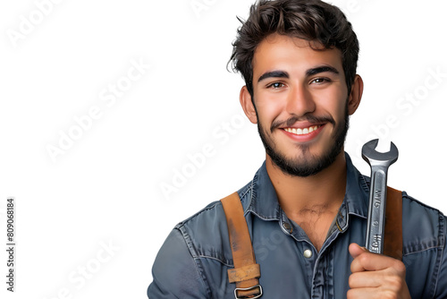 Portrait of a young mechanic holding a wrench on isolated transparent background