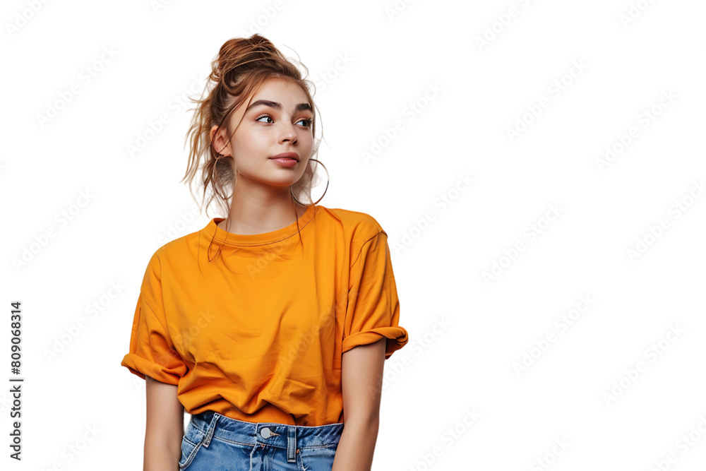 Young woman standing looking aside on isolated transparent background Young woman standing looking aside on isolated transparent background