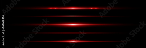 Set of red horizontal lines. Laser beams, beautiful light with glare. 