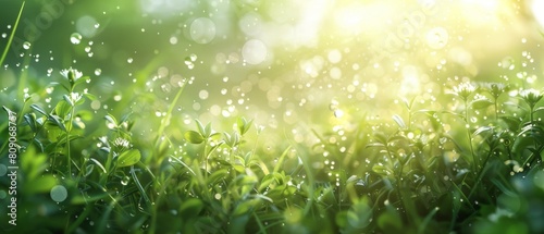 Soft-focus watercolor image capturing morning dew on grass with refreshing hues of light green and sunlight, providing a fresh and relaxing background. © Plumeria