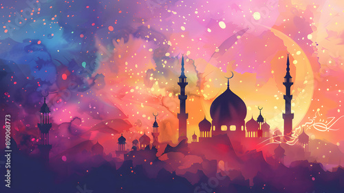 watercolor Eid al adha ,eid al fitr islamic card,background,Generative Ai
