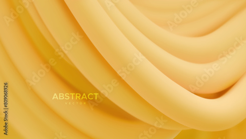 Abstract background with 3d curvy yellow stripes. Dynamic ribbons backdrop. Soft elastic shapes. Vector illustration. Minimalist undulating decoration for banner or cover design.