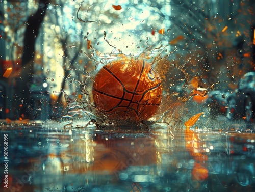 An energized depiction of a basketball crashing through a window, with glass shards dynamically captured in mid-air, embodying raw energy and determination. © Plumeria