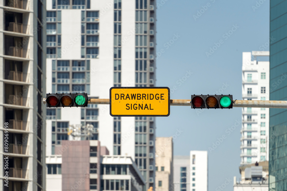 Overhead traffic lights high above street in Miami, Florida Overhead traffic lights high above street in Miami, Florida