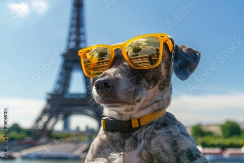 An adorable silver Weinerman dog wearing modern sunglasses is seen boxing in front of the Eiffel Tower, embodying the concepts of rest, sport, and adventure. photo