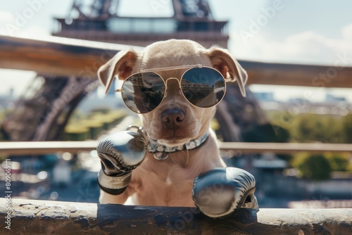 Adorable silver Weinerman dog wearing sunglasses, boxing in front of Eiffel Tower, symbolizing rest, sport, and adventures photo