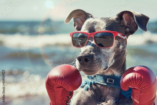 Grace the Weinerman dog enjoys boxing on summer vacation with stylish sunglasses, embodying the concepts of rest, sport, and adventure. photo