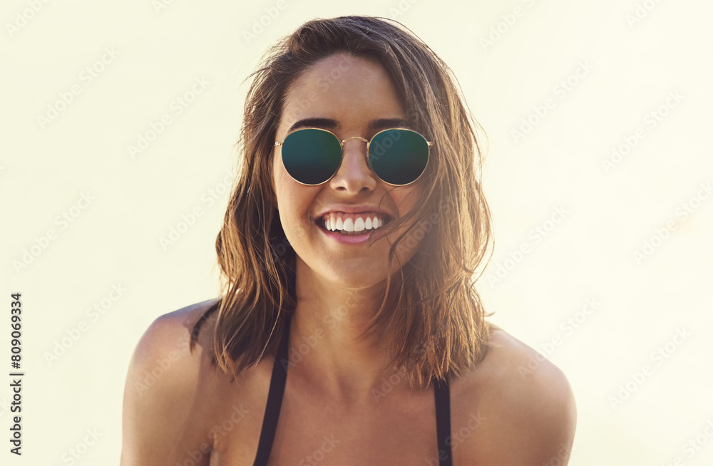 Woman, sunglasses and portrait on vacation at beach in summer, mockup and plain background. Travel, adventure and girl in bikini with beauty on holiday in Bali, island or Indonesia sunshine on sand Woman, sunglasses and portrait on vacation at beach in summer, mockup and plain background. Travel, adventure and girl in bikini with beauty on holiday in Bali, island or Indonesia sunshine on sand