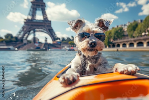 Adorable silver Weinerman dog on kayak with sunglasses, Eiffel tower view photo