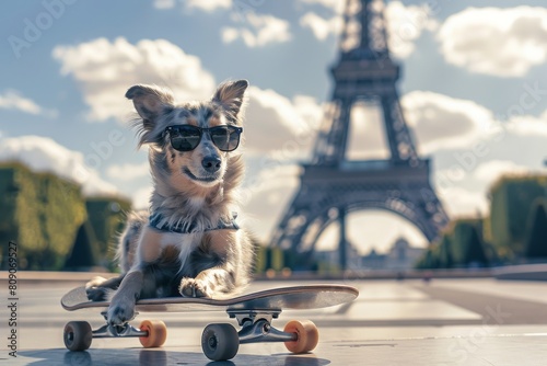 Adorable silver Weinerman dog skateboarding with sunglasses in front of Eiffel tower photo