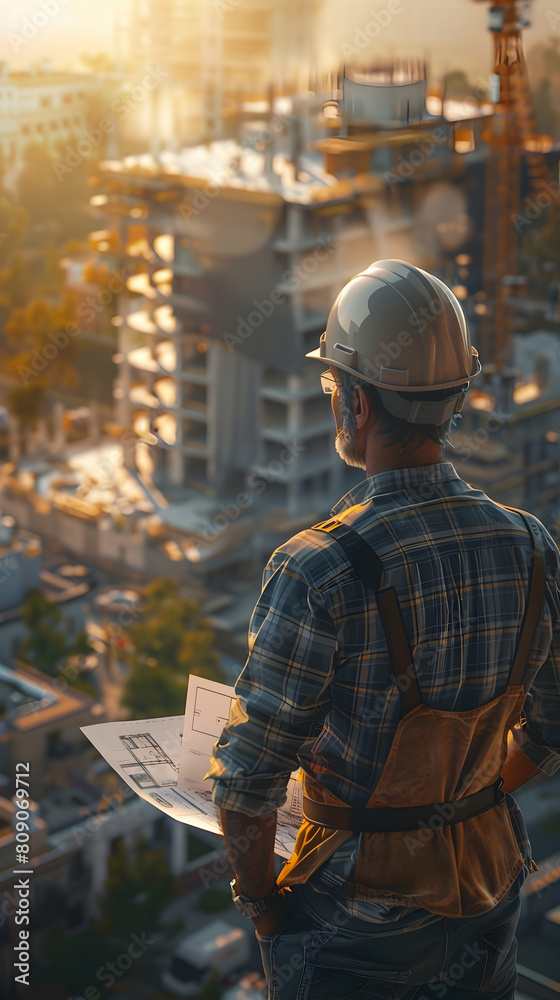 Photo Realistic Project Manager Overseeing Construction Progress, Coordinating Teams on Schedule - Photo Stock Concept Photo Realistic Project Manager Overseeing Construction Progress, Coordinating Teams on Schedule - Photo Stock Concept