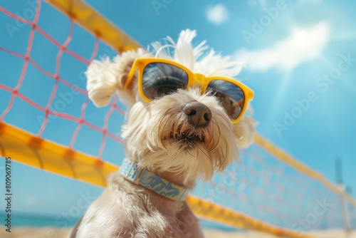 Adorable silver Weinerman dog playing beach volleyball with sunglasses on summer vacation. photo