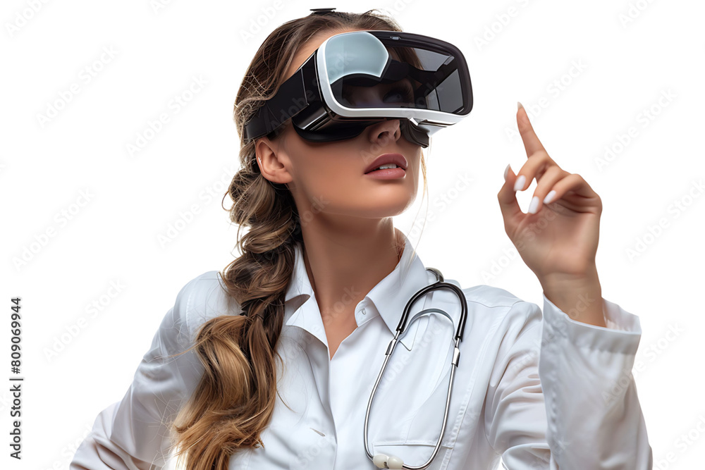 female doctor looking up and pointing with finger while using VR glasses on isolated transparent background female doctor looking up and pointing with finger while using VR glasses on isolated transparent background