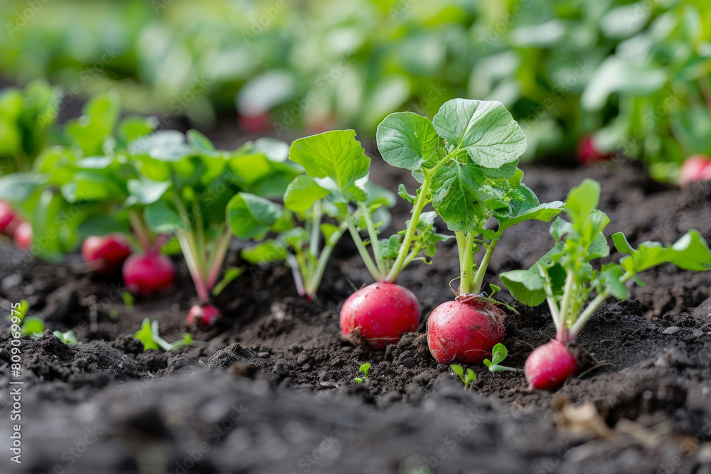 Organic radishes growing in fertile soil in a vegetable garden, representing sustainable agriculture and related to Earth Day and World Environment Day Organic radishes growing in fertile soil in a vegetable garden, representing sustainable agriculture and related to Earth Day and World Environment Day