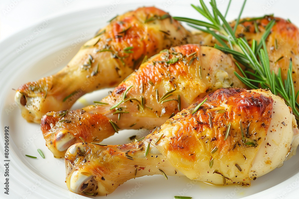 Juicy roasted chicken drumsticks garnished with fresh rosemary on a white plate, perfect for culinary blogs and holiday recipes like Thanksgiving Juicy roasted chicken drumsticks garnished with fresh rosemary on a white plate, perfect for culinary blogs and holiday recipes like Thanksgiving