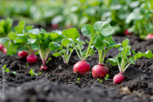 Organic radishes growing in fertile soil in a vegetable garden, representing sustainable agriculture and related to Earth Day and World Environment Day