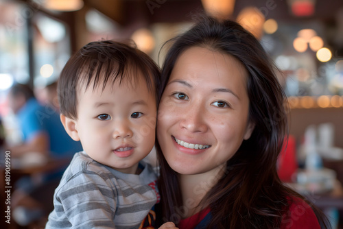 A touching image of an Asian mother and her sweet child beaming with happiness, conveying love and tenderness, ideal,for lifestyle and parenting-themed content,of family values,psychological materials