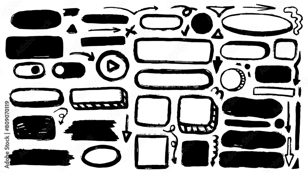 Obraz premium Premium Editable Grunge Style Hand-Drawn Button Vector Collection: Sketchy Monochrome Designs with Textured Markers, Pencil Sketches, and Paint Strokes - PNG AI Files Transparent background