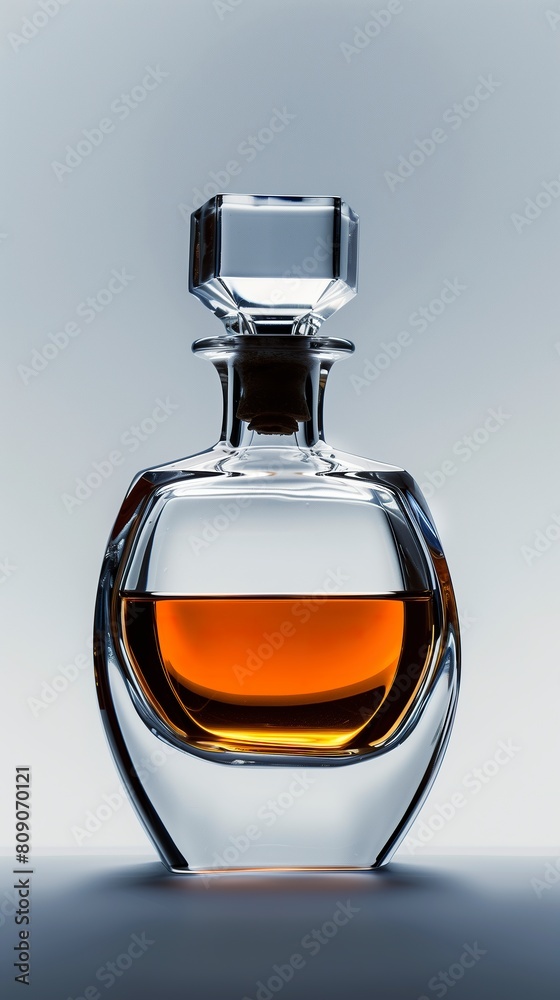 A beautiful glass bottle of liquor isolated. Noble glass bottle with a cubic and round shape in a product presentation style. A beautiful glass bottle of liquor isolated. Noble glass bottle with a cubic and round shape in a product presentation style.