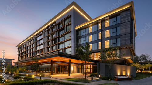 Modern hotel facade illuminated at dusk with warm lighting, landscaping, and clear skies, suitable for business travel and tourism concepts