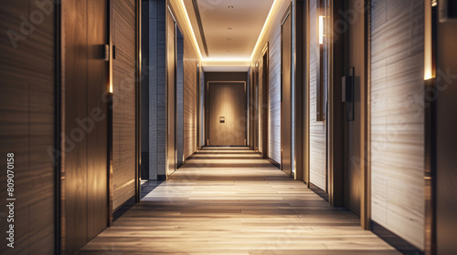 Modern hotel corridor with ambient lighting and wooden finishes  suitable for business travel or accommodation themes