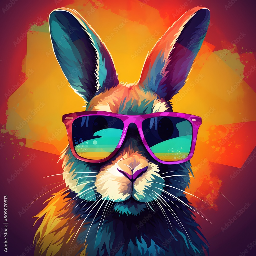 Cool bunny with sunglasses on colorful background. Generative AI.