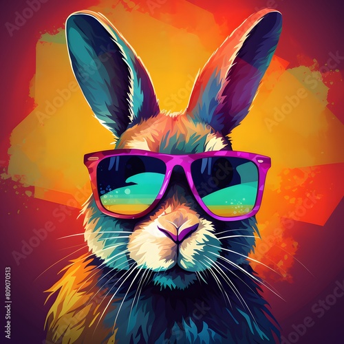 Cool bunny with sunglasses on colorful background. Generative AI. © Studicon