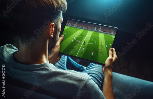 young man watching a soccer game on a tablet